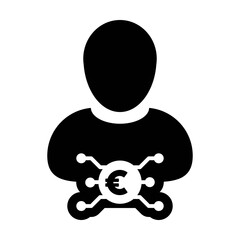 Digital currency icon vector euro money symbol with male user person profile avatar for digital currency in a glyph pictogram illustration