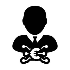 Euro icon vector digital money symbol with male user person profile avatar for wallet in a glyph pictogram illustration