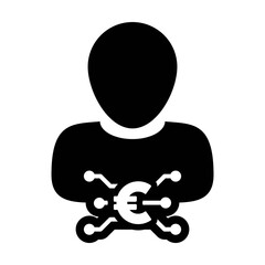 Digital money icon vector euro currency symbol with male user person profile avatar for digital currency in a glyph pictogram illustration