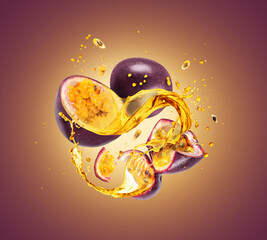 Whole and sliced passion fruit with splashes of juice closeup © Krafla