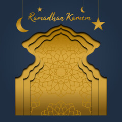 Ramadan Kareem Islamic greeting card design with mandala art in mosque window and Arabic ornament. Vector Illustration Ramadan Kareem