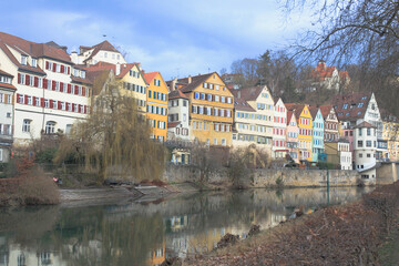 Fototapeta na wymiar Neckar front in Tübingen, Baden-Württemberg, Germany. Beautiful landscape with colorful houses. 