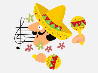 Mexican man Sombrero sings in a hat with maracas.