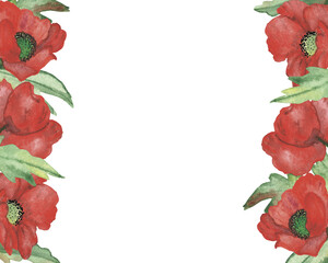 Watercolor hand painted nature floral banner border frame with red poppy flowers and green leaves bouquet on the white background for invite and greeting card with space for text