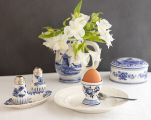 Boiled egg on white and blue Delft porcelain 