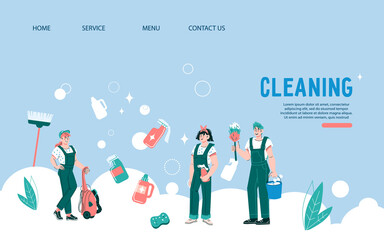 Cleaning service website template with cartoon cleaners, cartoon flat vector illustration on blue background. Web banner or landing page for cleaning company advertisement.