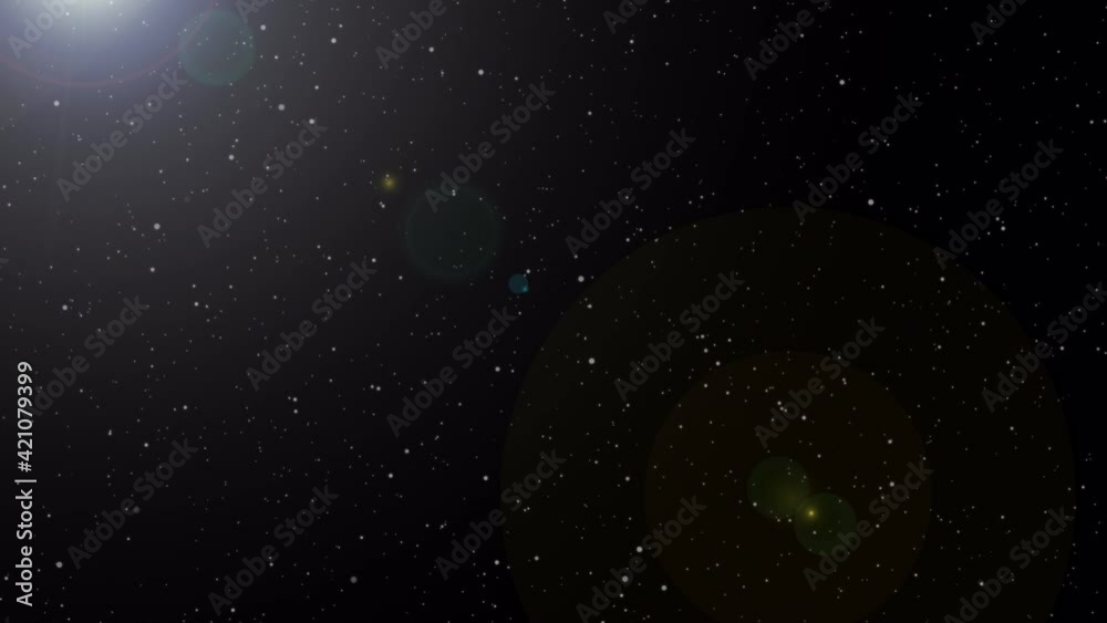 Wall mural beautiful light star shimmering particles with light lens flare on black sky background in rotation 