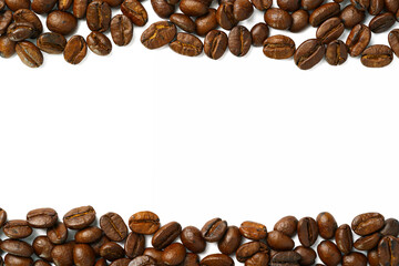 Clipping path roasted coffee beans texture and macro top view edge frame encircle from stripes with copy space for text or logo in menu cafe shop isolated on white background.