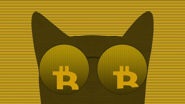 Bitcoin Symbol Animation in the Cat Glasses. Abstract 4K Seamless Crypto Animation modern concept