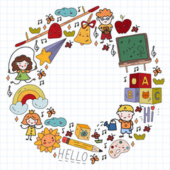 Vector pattern. School and online education. Little boys and girls play and grow together.