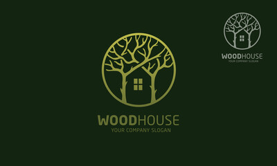 Fototapeta premium Wood House Vector Logo Template. Design template of two trees incorporate with a house that made from a simple scratch. It's good for symbolize a property or wooden housing business.