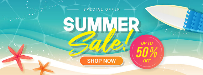 Summer sale banner vector illustration. Summer beach, Sea wave foam with surfboard