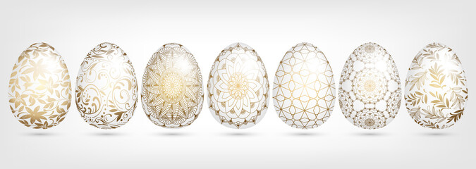 Hand drawn vector of many white ornamental Easter eggs with gold patterns, mandala, flowers, leaves. Spring collection. Abstract Easter set illustration for greeting card, invitation, web design
