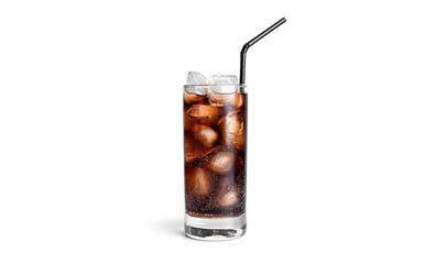 Cola with ice in a transparent glass isolated on a white background. - obrazy, fototapety, plakaty