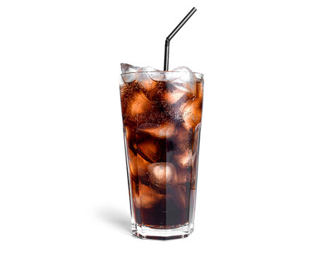 Cola with ice in a transparent glass isolated on a white background.