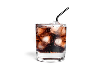 Cola with ice in a transparent glass isolated on a white background.