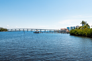 Bridges in marina harbor dock on Caloosahatchee River in Fort Myers, Florida gulf of mexico coast with pier wharf gazebo pavilion