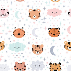 Cute seamless pattern for kids with cartoon little tigers. Children background with moon, stars and clouds. Lovely animals
