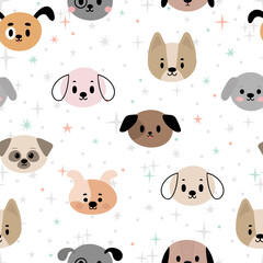 Seamless pattern with cartoon dogs for kids. Abstract art print with puppies. Hand drawn background with animals