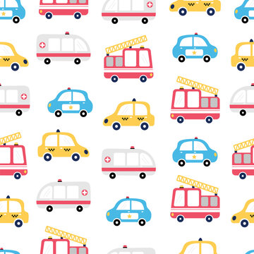 Seamless pattern with cars. Fire truck, ambulance, taxi and police car. Cartoon background for children