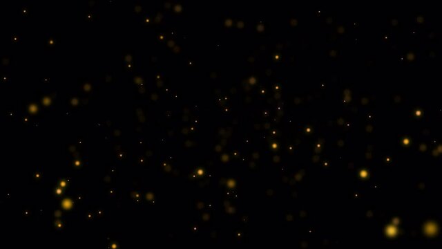 Beautiful golden shimmering Dust particles with dark on black background in slow motion. Motion graphic animation of Dynamic get up in wind bokeh Particles. Abstract bokeh digital festival template