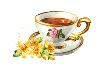 Cup of herbal tea with bunch of fresh St. John’s wort or Hypericum perforatum plant. Watercolor hand drawn illustration  isolated on white background