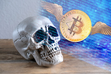 human skull on an old wooden table, metal bitcoins, concept of cryptocurrency mining, the transience of life, the inevitability of death, the risk of monetary transactions