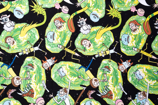 Tyumen, Russia-March 15, 2021: Rick and Morty multi-colored T-shirt cartoon logo