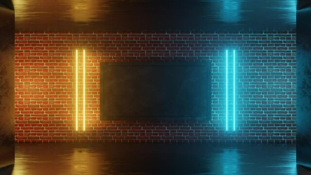 3D 4K Abstract background with a bright blue and orange spectrum. A neon rectangle appears on a brick wall. Abstract background with neon rectangle is great for product presentation or lettering.