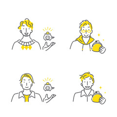 笑顔の若い男性のシンプルでおしゃれな線画イラスト素材セット　お金　財布　貯金箱