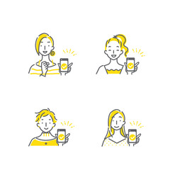 笑顔でスマホを見せる女性のシンプルでおしゃれな線画イラストセット