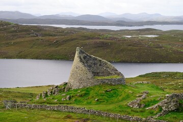Remains of the Dun Carloway broch (an Iron Age drystone hollow-walled structure ) built in the 1st century AD on the west coast of the Isle of Lewis, Scotland, UK