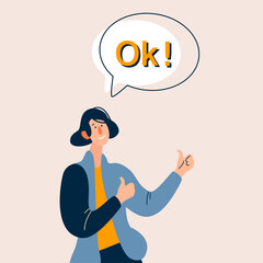Female thump up with blank speech bubble. Concept of compliment, preference, empty bubble, confirmation, guarantee, certify action, warrant, liking. Flat vector illustration cartoon character.