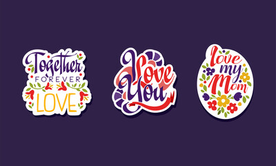 Love Lettering Sticker and Badges with Flowers Vector Set