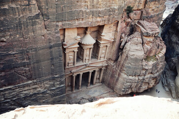 Jordan, Petra: Scenic aerial view from the rock of the Treasury temple 