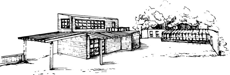 A simple barn sketchy monochromatic image. Warehouse rear elevation. Perspective illustration of a storehouse with trees. printable logo style. Old warehouse renovation, reconstruction work 
