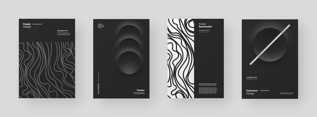 Abstract set Placards, Posters, Flyers, Banner Designs. Black and white illustration on vertical A4 format. 3d geometric shapes and wavy lines. Decorative neumorphism backdrop.