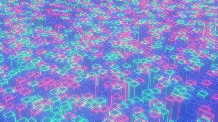 Set of multicolor wireframe cubes of different height, copyspace, three-dimentional pattern, 3d rendering