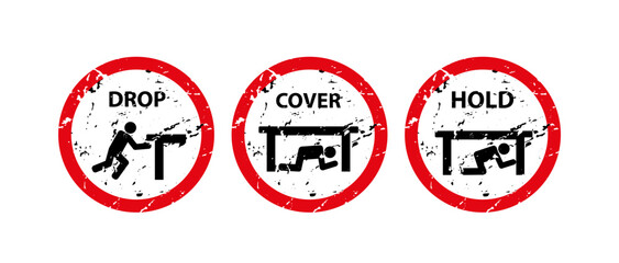 Drop, cover, hold sign. Earthquake vector icon.	
