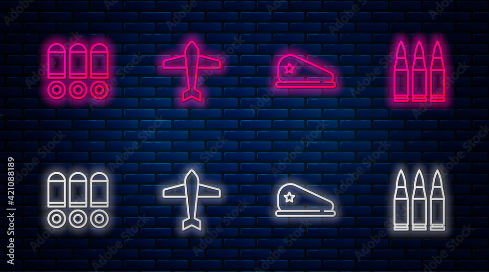 Poster set line jet fighter, military beret, bullet and . glowing neon icon on brick wall. vector