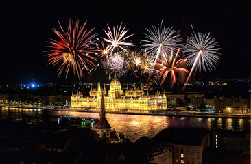 Fireworks over the Parliament in Budapest, Hungary
