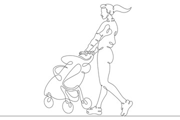 Young woman mother with baby carriage on a walk with toddler.