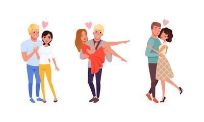 Loving Couples of Man and Woman Embracing and Walking Vector Set