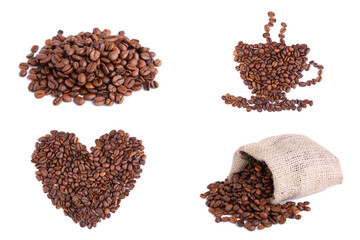Set of coffee beans isolated on white. Concept collage.