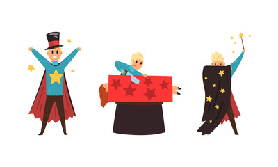 Blond Man Magician Showing Tricks and Focuses for Entertainment Vector Set