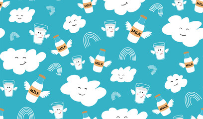 Cheerful seamless pattern. On a blue background. Children's drawing. Illustration for children. I love milk. Cartoon drawing milk, clouds,. Flying milk bottle and glass. Soar in the clouds.