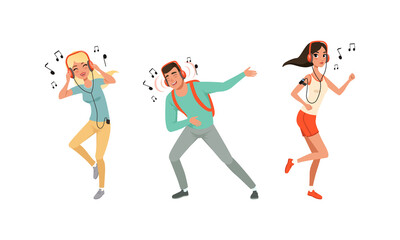 Fototapeta na wymiar Man and Woman Character with Headphones Listening to Music and Dancing to the Tune Vector Set