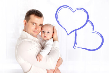 happy dad holding newborn baby at home by the window, happy loving family concept, father's day