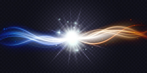 Abstract shiny orange blue color waves connect and flow vector illustration. Magic gold luminous wavy curve shapes connecting and glowing, neon swirl glow energy lines on transparent black background © lembergvector