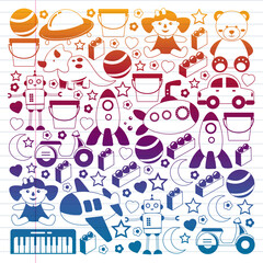 Vector pattern with the collection of toys. Doll, submarine, plane, ship. Children and kindergarten illustration.